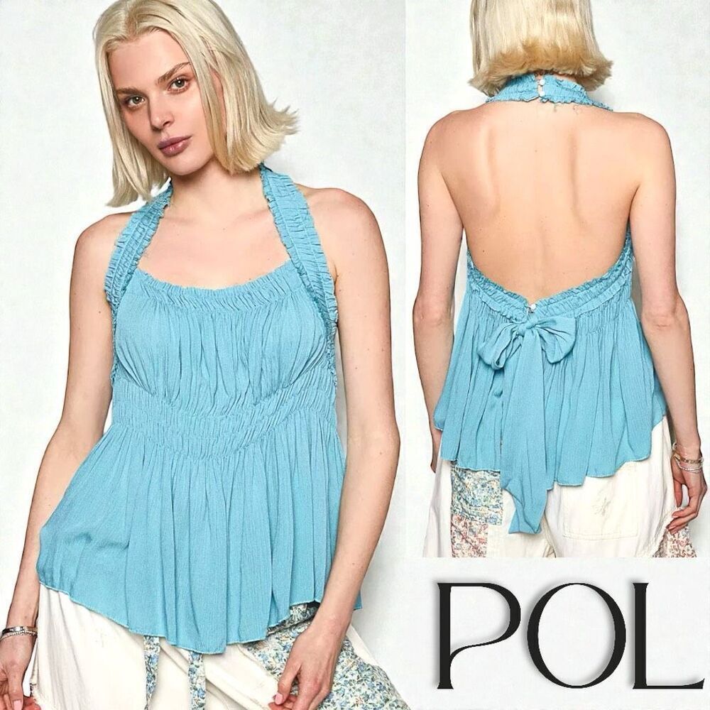 POL Blue Backless Halter Sleeveless Boho Top with Smocking Shirring Detail NEW